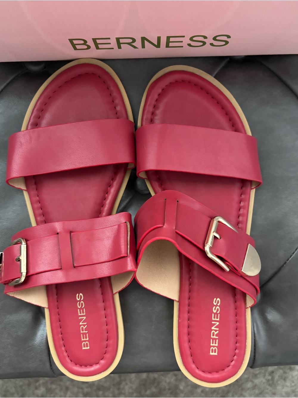 BERNESS Red Leather Buckle Slide Sandals